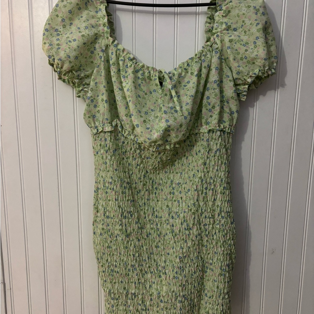 H&M Green Puff Sleeve Milkmaid Mini Dress Cottagecore